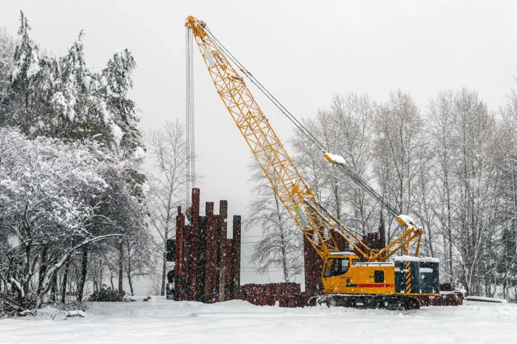 Crane in snowy conditions, highlighting potential thermal cracking risks for equipment.